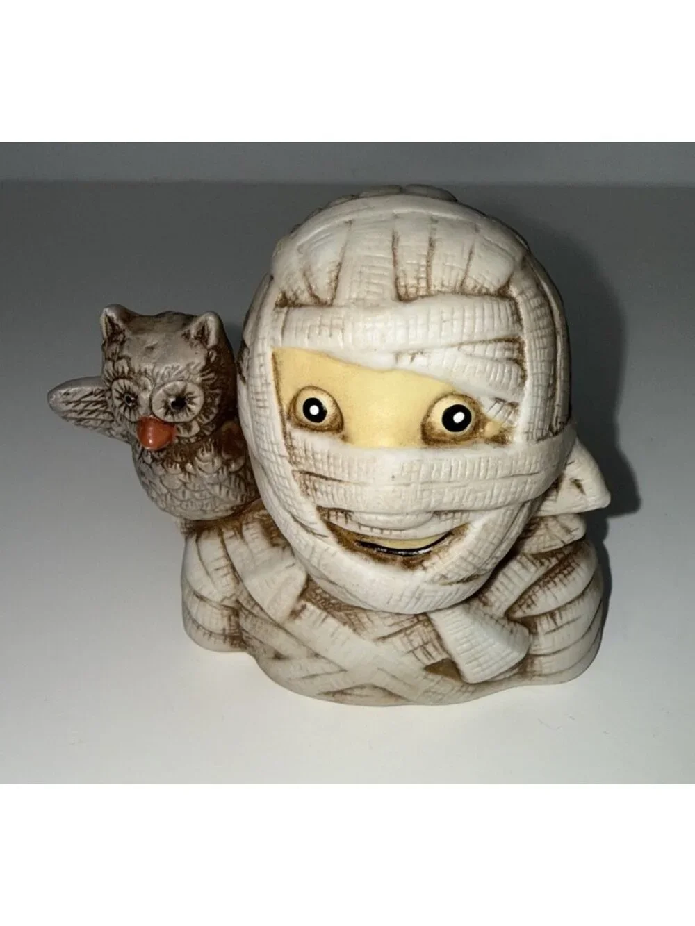 VINTAGE Halloween Ceramic Mummy Tealight Candle Holder Owl Googly Eyes Spooky 3